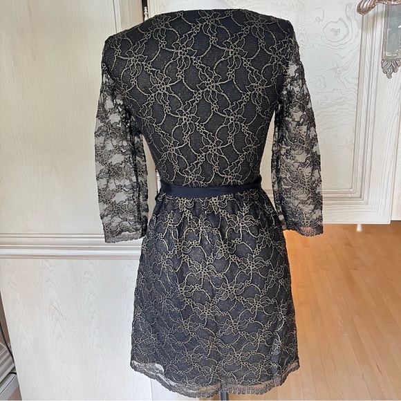 DKNY Metallic Lace Overlay V-Neck Dress With Sheer Sleeves - Picture 3 of 16